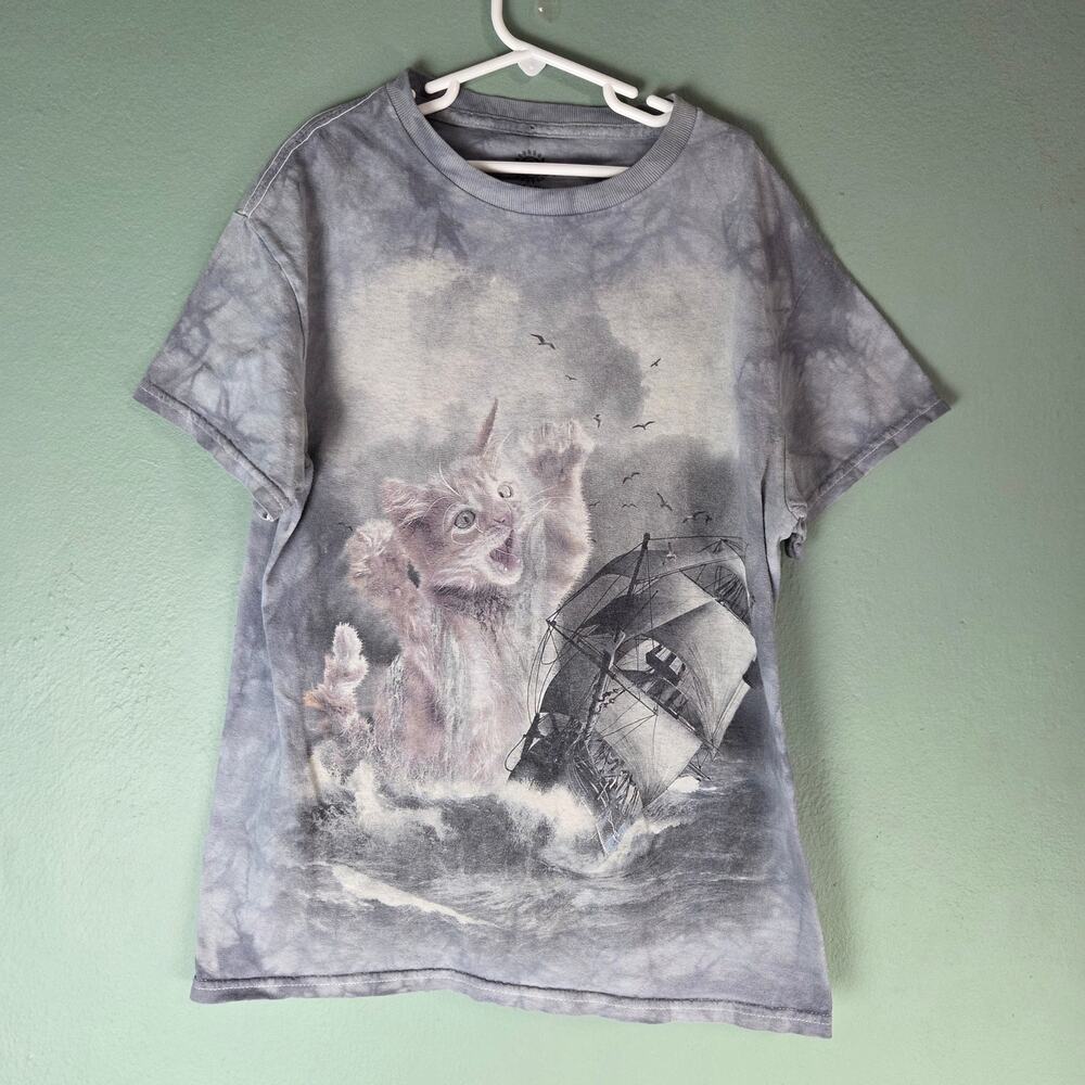 The Mountain Womens Gray Krakitten Tie Dyed Cat Graphic Crewneck Unisex T Shirt